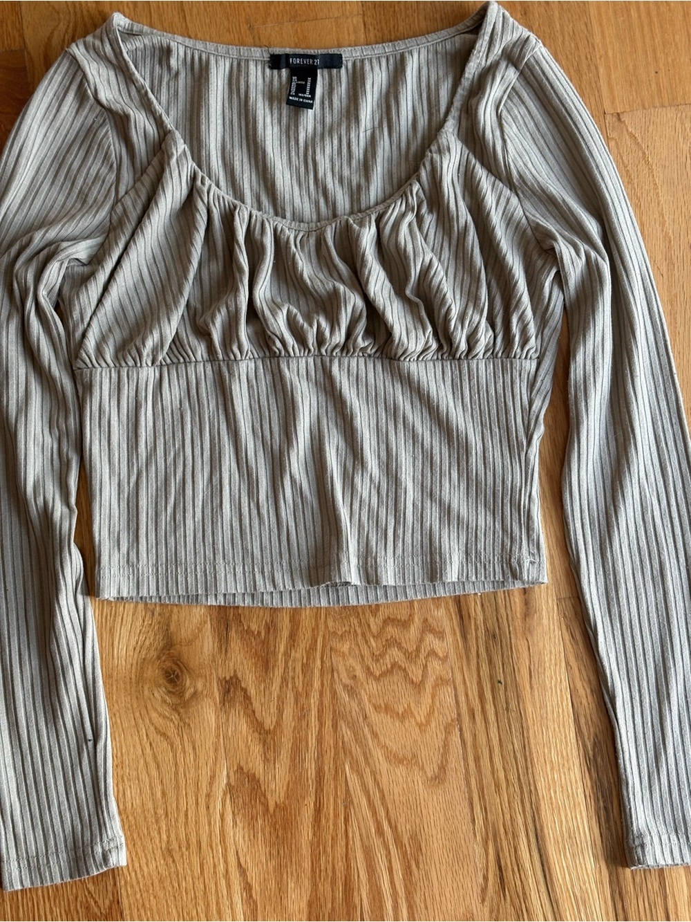 Forever 21 Neutral Ribbed Scoop-Neck Long Sleeve Crop Top